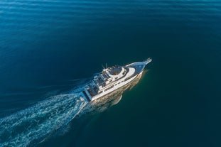 Yacht cruising through calm waters during a whale watching and wildlife tour from Reykjavik, Iceland.